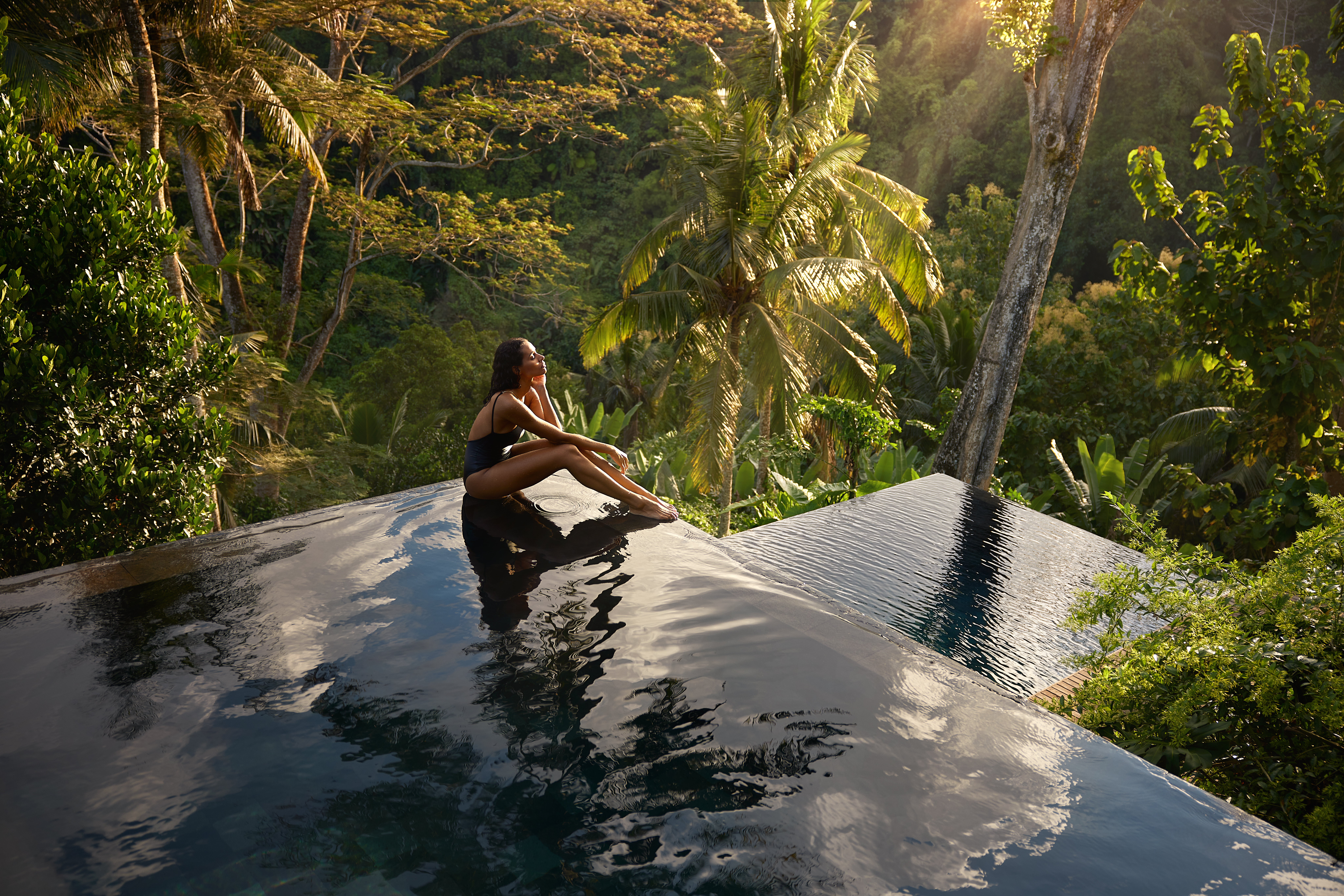 A serene infinity pool overlooking a dense tropical forest with palm trees and sunlight filtering through the foliage.