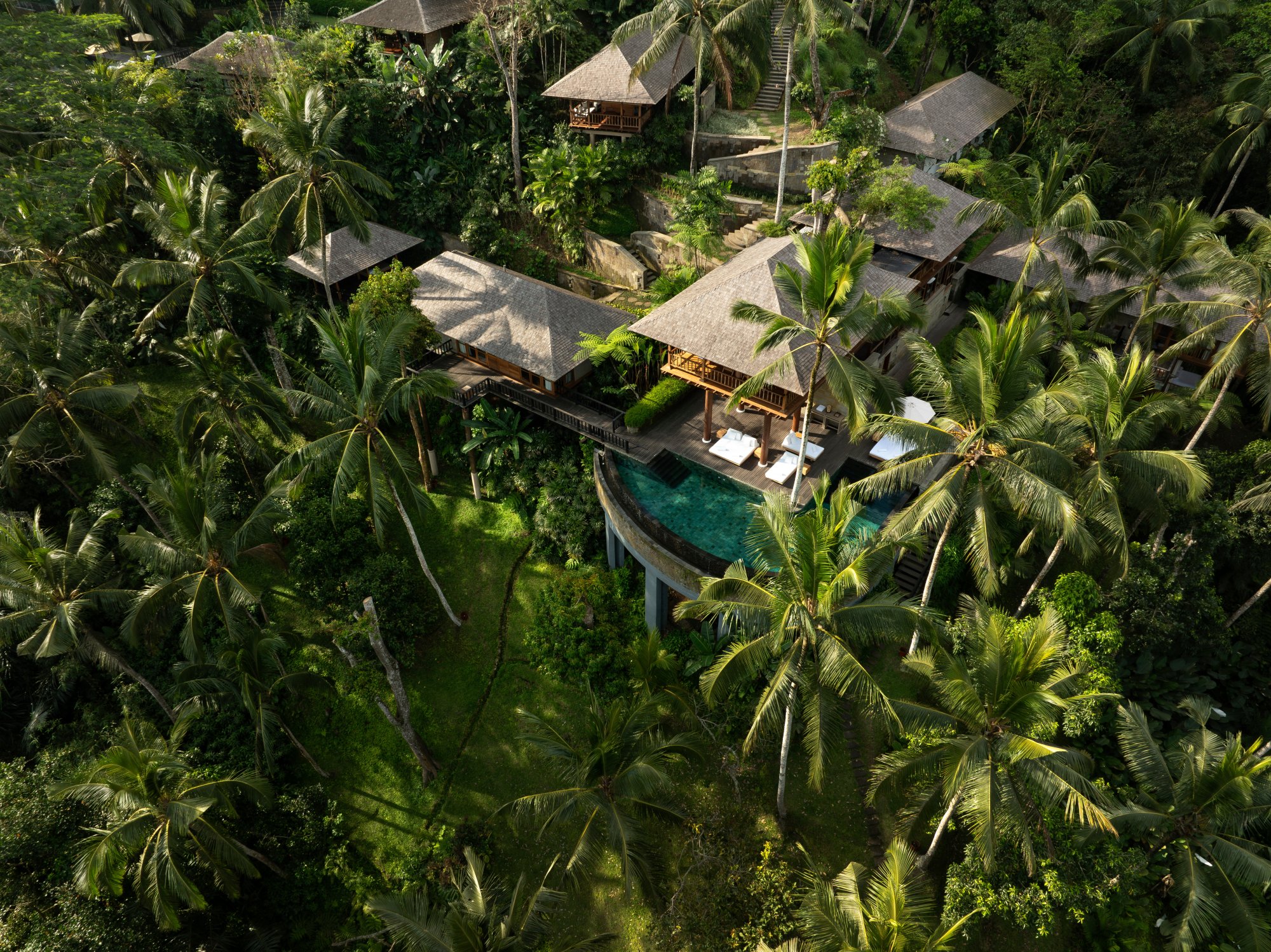 An aerial view of an elegant resort with thatched-roof villas seamlessly integrated into a dense tropical landscape of palm trees and greenery. The resort features a curved infinity pool with lounging areas, blending harmoniously with the surrounding forest.