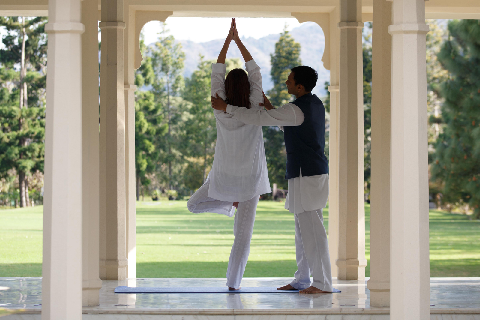 Yoga Practice in Tranquil Outdoor Setting Two individuals practicing yoga together on a blue mat in an elegant white-columned pavilion with a lush green landscape in the background. One person is in a tree pose while the other provides supportive guidance.